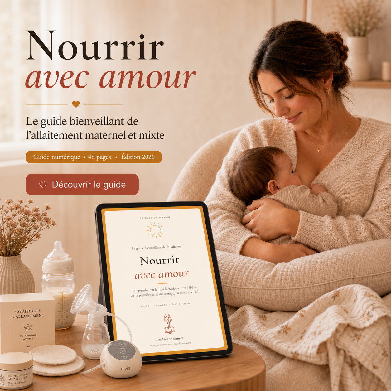 Maman allaitant son bébé avec le guide numérique Nourrir avec amour sur tablette, ebook complet sur l’allaitement maternel et mixte