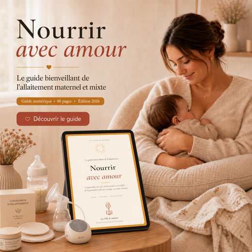 Maman allaitant son bébé avec le guide numérique Nourrir avec amour sur tablette, ebook complet sur l’allaitement maternel et mixte