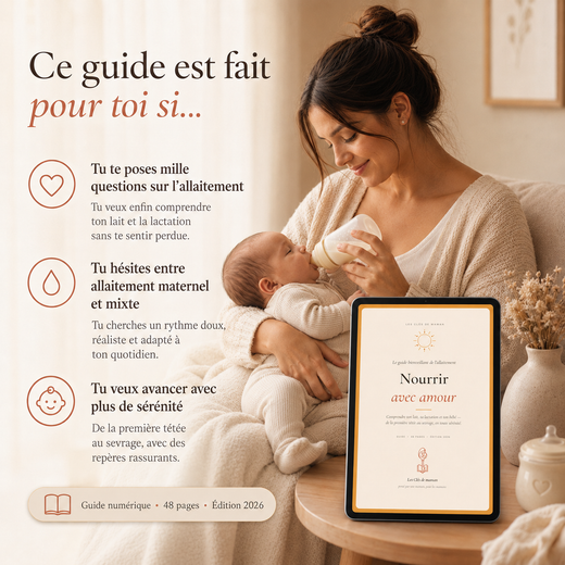 Maman donnant le biberon à son bébé avec le guide Nourrir avec amour, ebook sur l’allaitement maternel et mixte