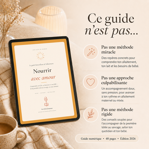 Guide numérique Nourrir avec amour affiché sur tablette, accompagnement doux pour allaiter sans pression ni culpabilité