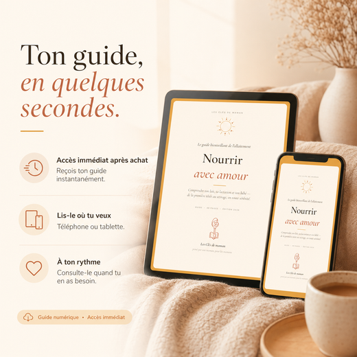 Ebook Nourrir avec amour disponible sur tablette et téléphone, guide numérique allaitement avec accès immédiat après achat